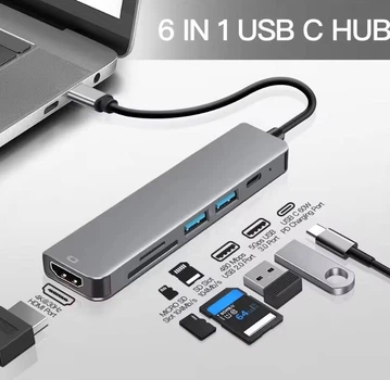 Адаптер перетворювач конвертер Type-C - HDMI 4K + USB хаб + кардрідер SmartGo 6 в 1
