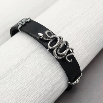 Серебряный браслет на коже Змея 18 см DIVA
