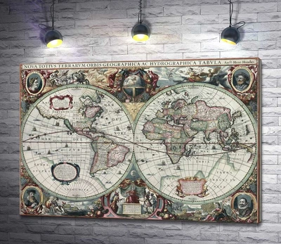 Картина Карта мира 1630 года, авторства Гендрика Гондиуса (Hendrik Hondius) 60x42 см Модуль №1 (000496)