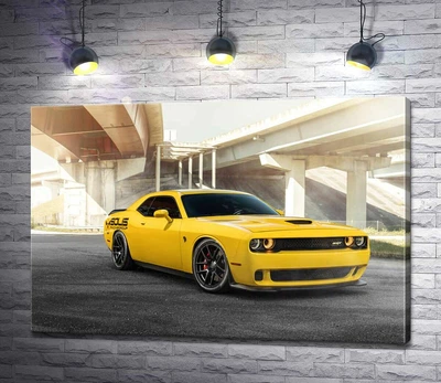 Картина Желтый автомобиль Dodge Challenger Hellcat остановился под мостом 60x40 см Модуль №1 (001230)