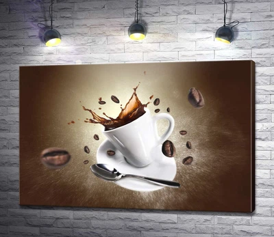 Картина Чашка кави і зерна, що розлітаються 60x40 см Модуль №1 (004852)