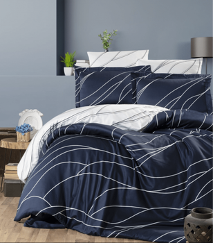 Комплект постельного белья Satin Cotton First Choice - First Choice - S-496 MESİ NAVY BLUE - Полуторный - Темно-синий с белым