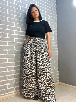 Брюки женские New collection 83474 талия на резинке палаццо широкие леопардовый принт 48 коричневые