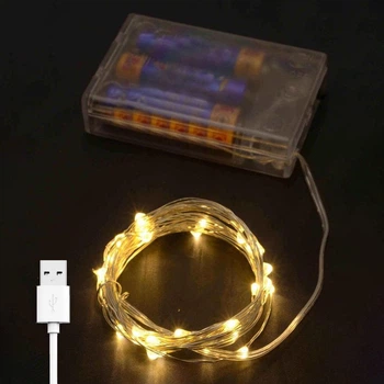 Гирлянда нить "Роса" на батарейках + USB, 3м, 30 LED, статический режим, IP44, Теплый белый