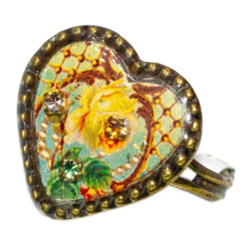 Каблучка "Серце з трояндами" Michal Negrin з тканинним візерунком і кристалами Swarovski, ручна робота