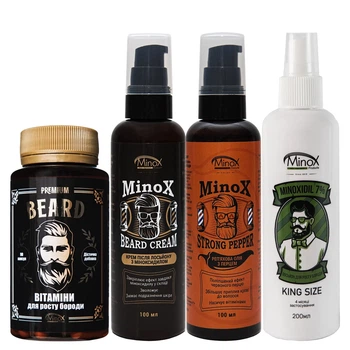 Комплекс для росту бороди посилений Minox Beard Complex (Лосьйон 200 мл, Крем 100 мл, Вітаміни 90 капсул, Реп'яхову олію 100 мл)