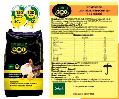 Комбікорм Dvorek (Дворек) престартер для індиків 1-5 тижнів 10кг ПК 11-1
