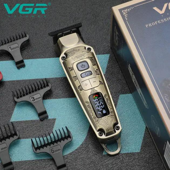 Аккумуляторная машинка для стрижки волос VGR, машинка с дисплеем и 4 сменными насадками Бронзовая, V-901