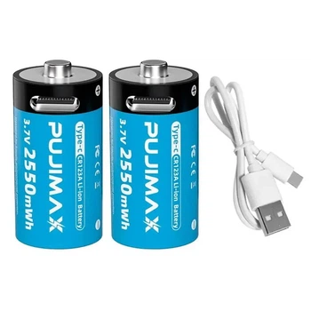 2 Аккумулятора Pujimax CR123A (CR123, 16340) 3.7V с разъемом TYPE-C + кабель, Blue (15296-2)