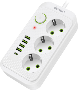 Мережевий фільтр-подовжувач Dyxon 3+5 USB-A + USB-C (PD) Power switch 3 м White (DXN-3M-MFP-35PD-W)