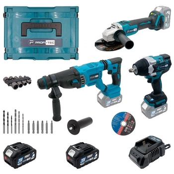 Акумуляторний набір інструментів PROFI-TEC Combo Set 3/9 (PBH201BL, DTW500BL, DGA20BL) 20 В / 2×PT2040MP (4.0 Aг), ЗП BC20V, кейс, 2 диска, головки 13, 17, 19, 21 мм