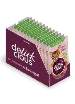 Влажный корм Delickcious для кошек с ягненком, куриным филе и спаржей (кусочки в желе) 12 шт х 80 г