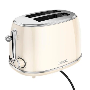 Тостер электрический Hoco HE50 Retro toaster из нержавеющей стали горизонтальный автоматический для хлеба на 2 тоста жарки размораживание подогрев |850W, 38mm слот, 6 режимов| Молочно-белый
