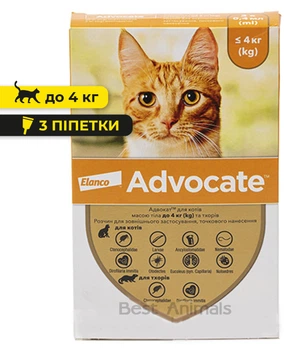 Протипаразитарні краплі Elanco (Bayer) Advocate Адвокат для кішок та тхорів до 4 кг (3 піпетки)