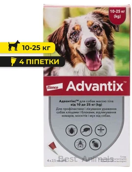 Краплі для собак від бліх та кліщів Elanco (Bayer) Advantix Адвантікс для собак вагою від 10 кг до 25 кг (4 піпетки)