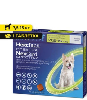 Таблетки від бліх кліщів та гельмінтів Boehringer Ingelheim NexGard Spectra НексГард Спектра для собак вагою від 7,5 кг до 15 кг (1 таблетка)