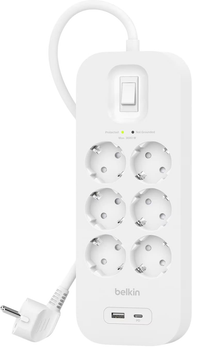 Мережевий фільтр Belkin Connect 6x Schuko, 1x USB-C, 1x USB-A 2m White (SRB002VF2M)