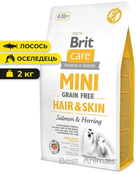 Сухий беззерновий корм з лососем та оселедцем Brit Care Mini Hair & Skin для собак мініатюрних порід 2 кг (8595602520220)