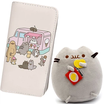 Мягкая игрушка Пушин кэт Pusheen cat Кот с чипсами 15х12 см Серый и Кошелек портмоне 19х10 см Бежевый n-12493