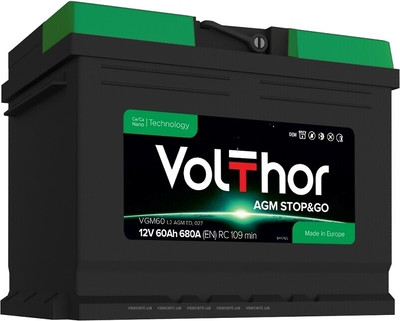 Автомобільний аккумулятор VolThor VGM60 L2 AGM ED, 027 (Stop&Go, AGM, 12V, 60Ah, 680A (EN) RC 109 min, Euro, 175*190*242 мм, Словенія, 2022 рік, б/в)