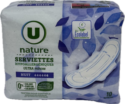 Гігієнічні нічні еко прокладки U nature 6 крапель, 10 шт