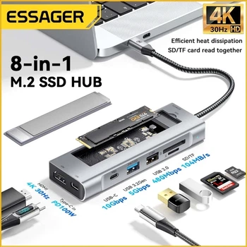 USB-хаб Essager 8 in 1 USB C HUB многофункциональный для ноутбука NVMЕ/SATA SSD Grey