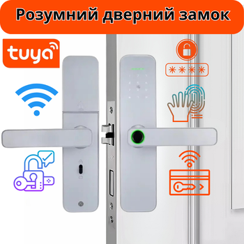 Умный дверной замок с Wi-Fi кодовый, с ключ-картой и отпечатком пальца,KHS-F005 светло-серый