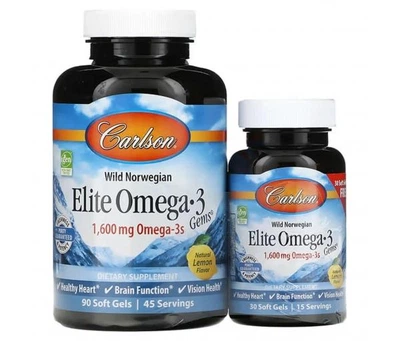 Омега-3 Carlson Labs Elite Omega-3 зі смаком лимона, 1600 mg (90+30 капсул)