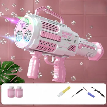 Пистолет мыльных пузырей автоматический Bubble Gun Bazooka генератор мыльных пузырей аккумуляторный бело-розовый