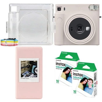 Подарунковий набір камера миттєвого друку Fujifilm Instax Square SQ1 Chalk White / Чохол прозорий / Фотоальбом рожевий (64 фото) / Фотопапір (20 знімків)