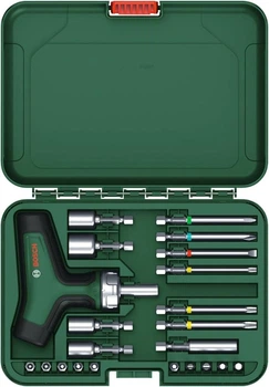Викрутка з тріскачкою Bosch Т-подібна + комплект насадок, 22 шт, у кейсі (1600A02Z9T)