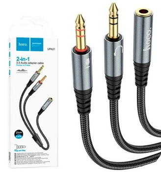 Кабель HOCO UPA21 2in1 3.5 Audio adapter cable Female to 2 Male Metal Серый