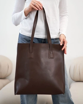 Жіноча сумка шопер з екошкіри великого розміру на блискавці м’яка для повсякденного використання, шоколадна 63742