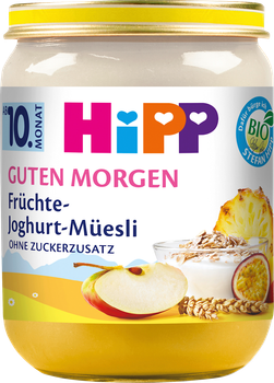 Фруктове пюре -йогурт з манго + маракуєю + ананасом + яблуком та мюслі, HIPP, для дітей з 10 місяців, 160 грам