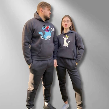 Парні спортивні костюми теплі з капюшоном Худі та Джогери XS/S, XL/XXL, принт "Оггі і кукарачі" , графіт (243)