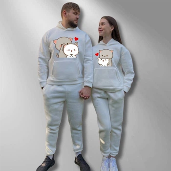Парні спортивні костюми теплі з капюшоном Худі та Джогери XS/S, XL/XXL, принт "Котики" білий (118)