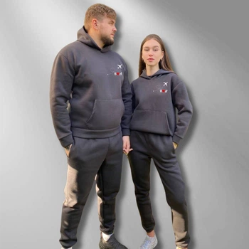 Парні спортивні костюми теплі з капюшоном Худі та Джогери XS/S, M/L, принт "Ініціали" , графіт (426)