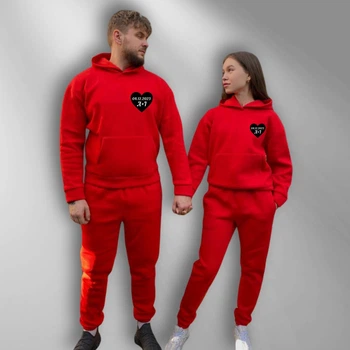 Парні спортивні костюми теплі з капюшоном Худі та Джогери М/L, XL/XXL, принт "Ініціали", червоний (429)