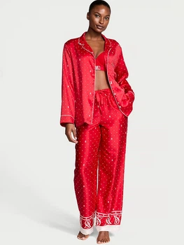 Піжама (штани + сорочка) жіноча Victoria's Secret Glazed Satin Long Pajama Set New 26933731 S Червона (2656400001278)