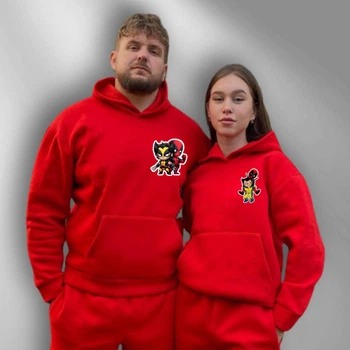 Парні худі з капюшоном утеплені, ХL/XXL, М/L, принт "Дедпул та Росомаха", червоний (366)