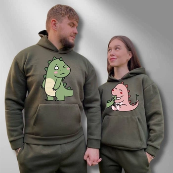Парні худі з капюшоном утеплені, M/L, M/L, Хакі, принт "Динозаврики" (382)