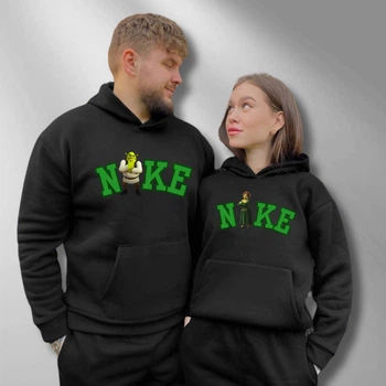 Парні худі з капюшоном утеплені, ХS/S, XL/2XL, Чорний, принт "Шрек та Фіона" (191)