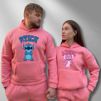 Парні худі з капюшоном утеплені, XS/S, XL/XXL, Рожевий, принт "Стіч\Енджел" (208)