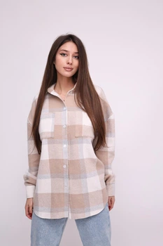 Рубашка женская Kraya теплая оверсайз в клеточку One size S-M бежевая