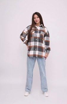 Сорочка жіноча Kraya тепла оверсайз в клітинку One size S-M коричнева