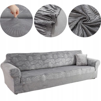 Чохол на крісло, диван, еластичний велюр, оксамит Domidekor Palm leaves, сірий 235-300 см (3816)