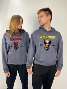 Парні худі з капюшоном без флісу, XL\2XL, XS\S, Графіт, принт "Дедпул/Росомаха" (492)
