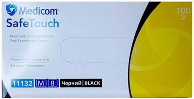 Вінілові оглядові рукавички Medicom SafeTouch (чорні) М-size, 100шт./уп. - 11132-В