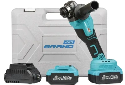 Болгарка аккумуляторная Grand МШУ-20BL/PRO (20В, бесщеточная, 2 аккумулятора по 4 А/ч, зарядное устройство, пластиковый кейс)
