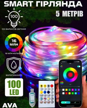 Розумна смарт гірлянда музична для танців Meiq-it Led RGB 5 метрів на 50 ламп від usb павербанк управління через телефон, smart гірлянди роса з синхронізацією музики через Bluetooth різнокольорова